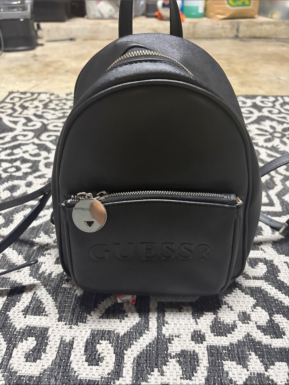 Guess Black Mini Faux Leather Backpack with Silver Hardware